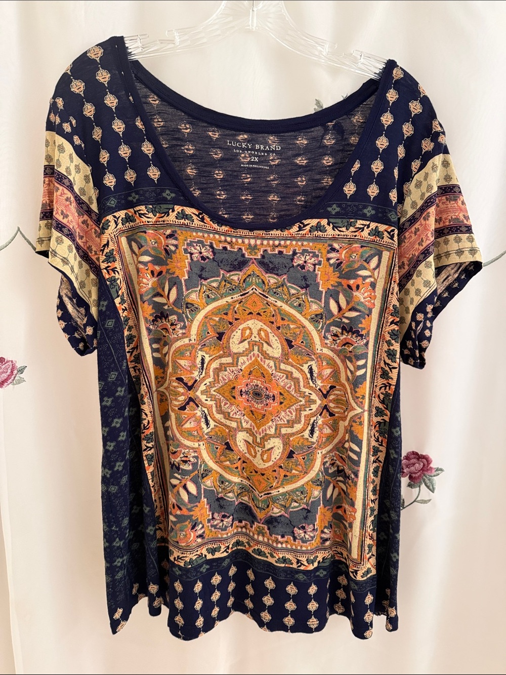 Lucky Brand Women's Navy Blue & Orange Printed Short Sleeve Top